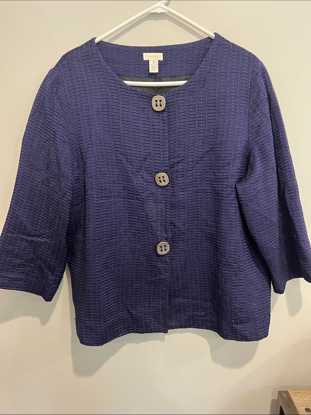 Chicos eggplant mandy jacket 3/4 sleeves size 16 artsy funky casual metro